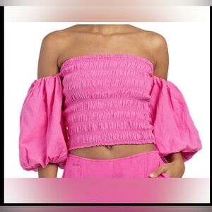 Young Fabulous & Broke Crop Top Low Cut Smocked Off Shoulder Cotton Pink Size XS